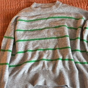 Aerie Gray and Green Striped Crewneck Oversized Sweater